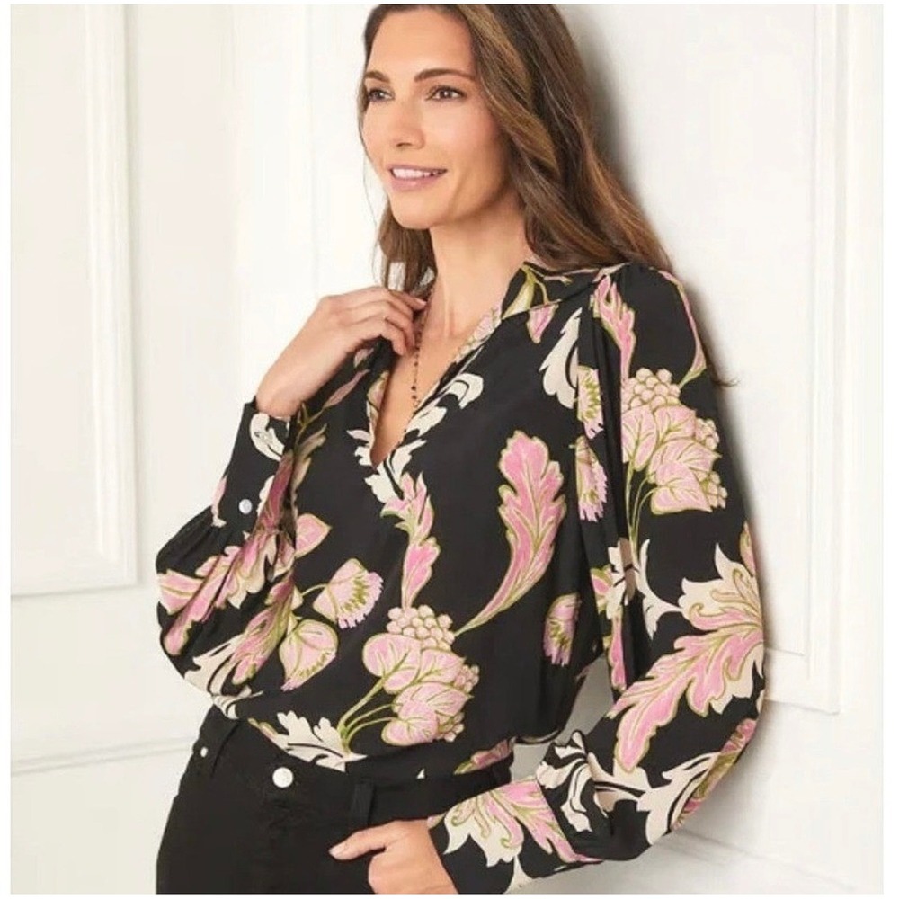 Karen Kane Pink Shimmer Blouson Top Floral Print Collared Long Sleeve Blouse